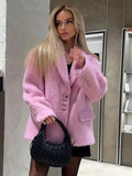 Kukombo Outfit Fashion Pink Woolen Jacket Women Winter V Neck Mohair Buttons Single Breasted Pockets Coat Ladies Office Street Casual Outerwear