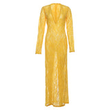 Kukombo Spring Outfits Sexy Lace Mesh Maxi Dress Women Deep V Neck Long Sleeve Party Dresses Yellow Slim Evening Robes 2025 New Lady Club Streetwears