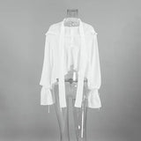 Kukombo White Chiffon Shirt Women's Sexy See-through Long Sleeve Lace-Up Shirt Fashion Splicing Bandage Casual Ruffle Shirt Tops