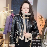 Kukombo Outfit Black Lambswool Jacket Winter Thickened Plus Velvet Motorcycle Faux Leather Stitching Coat PU Plush Cardigan Stand Collar Tops