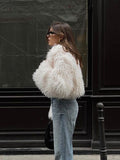 Kukombo Spring Outfits White Tassels Faux Fur Coat Women Elegant Lapel Long Sleeves Front Open Warm Jacket Winter Chic Lady New In Outerwears