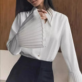 Kukombo White Shirt Women's Autumn Solid Long Sleeve Shirt Slim Hollow Lapel Casual Button Commuting Shirt Top Cardigan Female