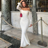 Kukombo Elegant Mesh Off-the-Shoulder Long Dress Women's White Sexy Backless Halter Evening Gown Strapless Long Sleeve Dress