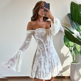 Kukombo Sexy Lace Backless Mini Dress Women's Square Neck Flared Long Sleeve Slim Short Dress Luxury Patchwork Party Mini Dress