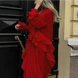 Kukombo Red Ruffled Long Dress Women's Elegant V-Neck Casual Slit Long Sleeve Patchwork Dress Ladies Autumn High Waist Y2k Dress