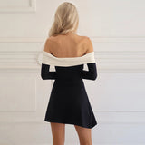 Kukombo Elegant Backless Patchwork Mini Dress Women's Sexy One Shoulder Long Sleeve A-Line Dress Solid Slim Resort Mini Dress