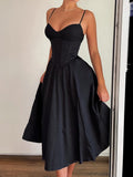 Kukombo Sleeveless Fit And Flare Elegant Fashion Spaghetti Straps Dresses Women Black Solid Sexy Birthday Evening Party Dress