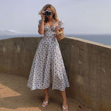 Kukombo outfit Summer Square Neck Long Dresses Elegant Floral Printing Casual Puff Sleeve Holiday Dress Maxi Women Clothing