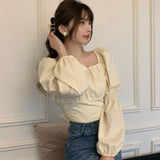 Kukombo Elegant Blouses Women Sweet Puff Sleeve Bow Bandage Shirts Korean Streetwear Vintage Square Neck Lace Up Slim Casual Crop Tops ootd