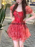 Kukombo Sweet Floral Fairy Short Party Dress Female Elegant French Red Y2k Mini Dress 2025 Summer Kawaii Clothing Lolita Dress Lace Chic ootd