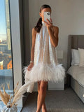 Kukombo Spring Outfits Glitter Sequin Feather Hem Mini Dresses Women Sexy Sleeveless Halter Short Dress New Shiny Lady Street Party Vestidos