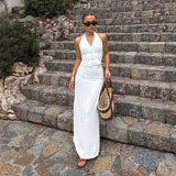 Kukombo V-neck Halter Backless Long Skirt Set 2-piece Women's Summer White Sleeveless Vest Skirt Lace-up Slit Long Skirt Set