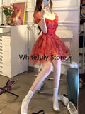 Kukombo Sweet Floral Fairy Short Party Dress Female Elegant French Red Y2k Mini Dress 2025 Summer Kawaii Clothing Lolita Dress Lace Chic ootd