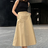 Kukombo Fashion High Waist Solid Color Skirt Women's Summer Autumn Casual Elegant Long Skirt Loose Slim Pocket Commuting Skirt