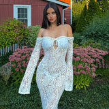 Kukombo White Lace Maxi Dress Women's Sexy Long Sleeve Hollow See-through Resort Dress Elegant Backless Party Evening Gown Robe