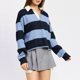 Kukombo Women Oversized Striped Shirt Vintage Long Sleeve Cropped Rugby Top Lapel Collar Y2k Pullover Tee Streetwear