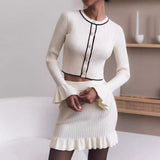 Kukombo Knitted Skirt Set Women's Elegant O-Neck Long Sleeve Cardigan Top Slim Retro Short A-Line Skirt Knitted Ruffle Skirt Set