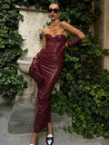 Kukombo Outfit Women Burgundy Sexy Pu Leather Strapless Dress Fashion Backless Sleeveless Long Gown 2025 New Female Evening Party Prom Robe