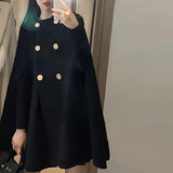 Kukombo Outfit Double Breasted Women Cape Coat Faux Woolen Loose Solid Female Overcoat Fashion Spring Poncho Elegant Lapel Lady Jacket