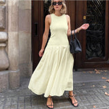 Kukombo Elegant Sleeveless Vest Long Dress Women's Summer Solid Color Long Party Dress Pleated Patchwork Casual Slim Long Dress