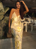 Kukombo Metallic Print V-Neck Backless Slip Long Dress