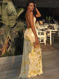 Kukombo Metallic Print V-Neck Backless Slip Long Dress