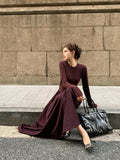 Kukombo Plain Long Sleeve Pleated Dress