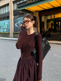 Kukombo Plain Long Sleeve Pleated Dress