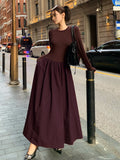 Kukombo Plain Long Sleeve Pleated Dress