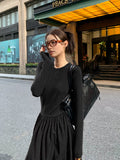 Kukombo Plain Long Sleeve Pleated Dress