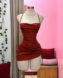 Kukombo Simple Sheath Halter Burgundy Satin Homecoming Dresses Short Cocktail Dress With Ruffles C2554