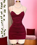 Kukombo Simple Sheath Spaghetti Straps Burgundy Homecoming Dresses Short Cocktail Dress With Ruffles C2557