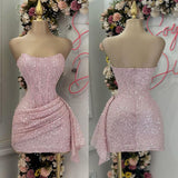 Kukombo Cheap Sheath Strapless Pink Sequin Homecoming Dresses Short Birthday Outfits C2568