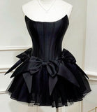 Kukombo Chic A line Black Strapless Short Homecoming Dress Satin Party Dress C580