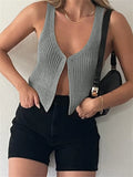 Kukombo - 2024 Knitted Sweaters Vest Casual Retro Sleeveless V-Neck Buttons Up Tank Summer Autumn Chic Vest  Club Crop Tops