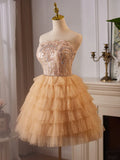 Kukombo valentines day outfits A-Line Tulle Lace Champagne Short Prom Dress, Champagne Homecoming Dress ED008