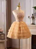 Kukombo valentines day outfits A-Line Tulle Lace Champagne Short Prom Dress, Champagne Homecoming Dress ED008