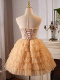 Kukombo valentines day outfits A-Line Tulle Lace Champagne Short Prom Dress, Champagne Homecoming Dress ED008