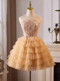 Kukombo valentines day outfits A-Line Tulle Lace Champagne Short Prom Dress, Champagne Homecoming Dress ED008