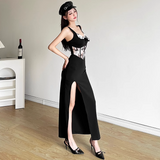 Kukombo Black V-neck Spaghetti Strap Long Prom Dress With Slit ED01394