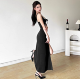 Kukombo Black V-neck Spaghetti Strap Long Prom Dress With Slit ED01394