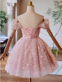 Kukombo valentines day outfits A-Line Off Shoulder Tulle Lace Pink Short Prom Dress, Pink Homecoming Dress ED023