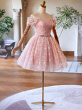 Kukombo valentines day outfits A-Line Off Shoulder Tulle Lace Pink Short Prom Dress, Pink Homecoming Dress ED023