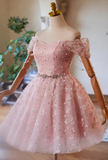 Kukombo valentines day outfits A-Line Off Shoulder Tulle Lace Pink Short Prom Dress, Pink Homecoming Dress ED023