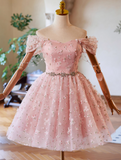 Kukombo valentines day outfits A-Line Off Shoulder Tulle Lace Pink Short Prom Dress, Pink Homecoming Dress ED023