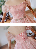 Kukombo valentines day outfits A-Line Off Shoulder Tulle Lace Pink Short Prom Dress, Pink Homecoming Dress ED023