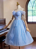 Kukombo valentines day outfits A-Line Sweetheart Neck Off Shoulder Blue Short Prom Dress with Beads ED048