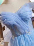 Kukombo valentines day outfits A-Line Sweetheart Neck Off Shoulder Blue Short Prom Dress with Beads ED048