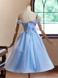 Kukombo valentines day outfits A-Line Sweetheart Neck Off Shoulder Blue Short Prom Dress with Beads ED048