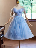 Kukombo valentines day outfits A-Line Sweetheart Neck Off Shoulder Blue Short Prom Dress with Beads ED048